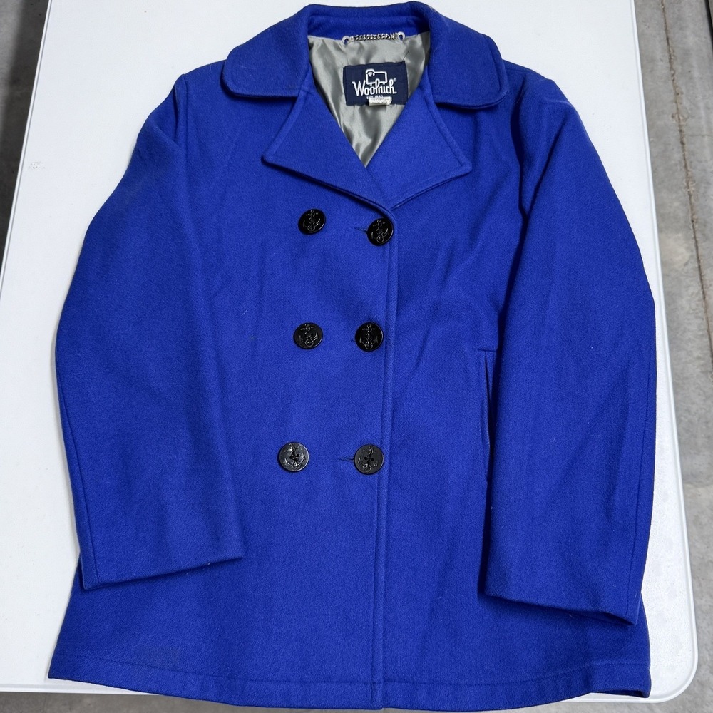 Woolrich Pea Coat Womens 12 Blue Good Vintage Virgin Wool Anchor Button USA Made